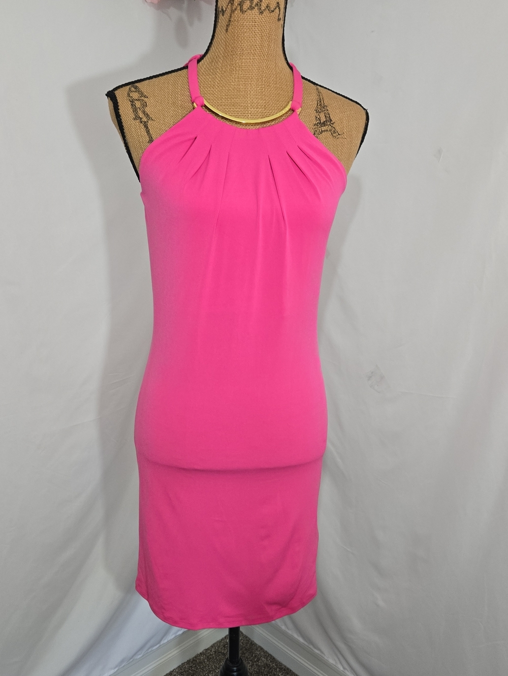 Michael Kors Hot Pink Halter Sheath Dress with Gold Neck Trim